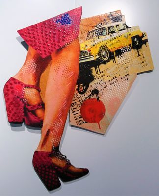 a picture of a woman ' s legs and shoes hanging on a wall
