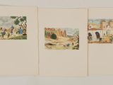 four paintings of people in a field with trees in the background