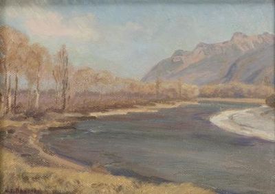 painting of a painting of a river with mountains in the background