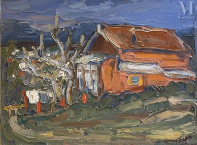 une peinture à l'huile représentant une maison rouge sur une colline, avec un arbre au premier plan