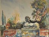 a watercolor painting of a statue in a garden