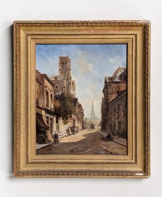 painting of a street scene with a church steeple in the background