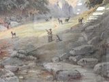 un tableau représentant un paysage de montagne avec des personnages et des animaux