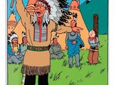 a cartoon picture of a native american man holding an axe
