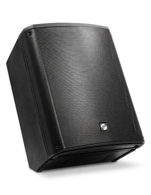 a close up of a black speaker on a white background