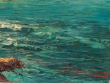 a painting of a man riding a horse on the beach