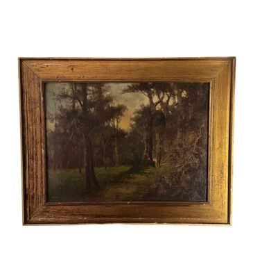 une peinture à l'huile représentant un paysage boisé avec des arbres et une personne au loin