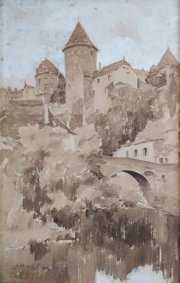 a picture of a painting of a castle on a hill