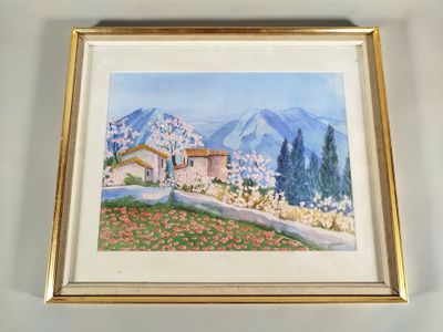 aquarelle encadrée représentant une maison dans un jardin, avec des montagnes en arrière-plan