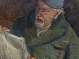painting of an old man reading a newspaper in a dark room