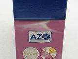 a blue box with stickers on it sitting on a white surface