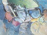 a painting of a bowl of food on a table