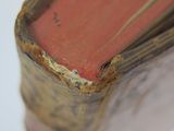 a close up of a book with a red cover