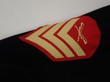 a close up of a red and gold uniform with a cross on it