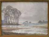 an oil painting of a landscape with trees and a body of water in the foreground