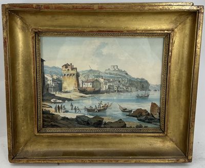 an oil painting of a harbor scene with boats in the water