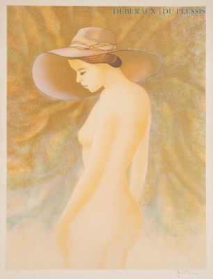 un tableau représentant une femme nue coiffée d'un grand chapeau