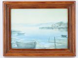 an oil painting of boats floating in a body of water
