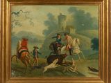 painting of a group of men riding horses and dogs in a landscape