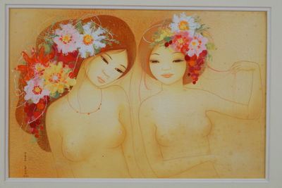 painting of two women with flowers in their hair in a white frame