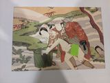 a picture of a picture of a woman and a man on a horse