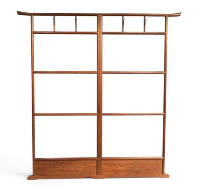 an image of a wooden bookcase with glass shelves