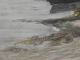 a painting of a boat in the water on the shore