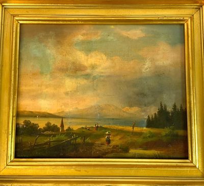 peinture représentant un paysage avec vue sur un lac et des montagnes