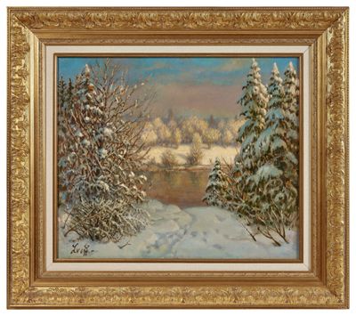 a painting of a snowy landscape with trees in the foreground