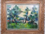 an oil painting of trees in a field with a house in the background