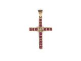 a gold cross pendant with ruby stones on a white background