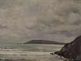 painting of a view of a beach with a rocky cliff in the foreground