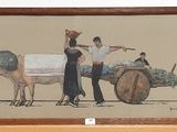 a picture of a painting of a man pulling a cart with a woman on it