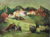 an oil painting of a farm scene with cows grazing in a field