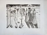 un dessin en noir et blanc représentant un groupe de personnes debout devant une porte