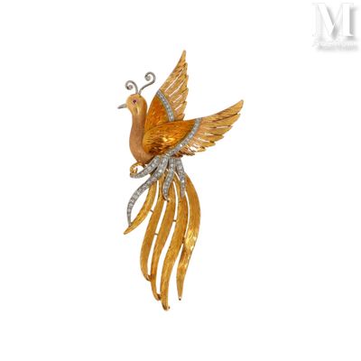 une image représentant une broche en forme d'oiseau en or, ornée de diamants sur les ailes