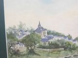 a picture of a painting of a village on a hill