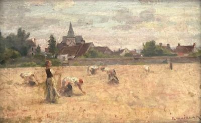 un tableau représentant des personnes dans un champ avec des moutons