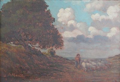 une image représentant un tableau où l'on voit un homme avec des moutons dans un champ