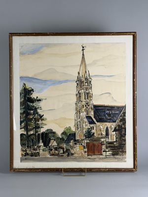 tableau représentant une église avec une tour horloge en son centre