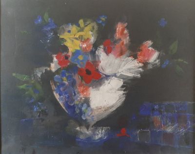 a painting of a vase of flowers on a table