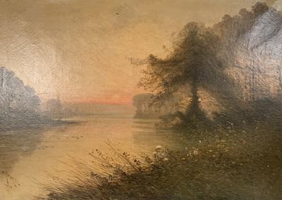 an oil painting of a river scene with a sunset in the distance