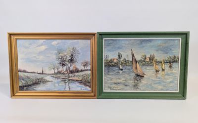 deux tableaux encadrés représentant des bateaux sur une rivière, avec des arbres en arrière-plan