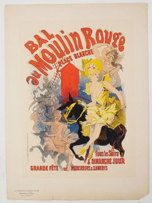 a poster for the moulinin rose show in paris, featuring a woman on a horse and a man