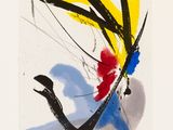 une image représentant une photo d'un tableau orné d'un motif rouge, jaune et bleu
