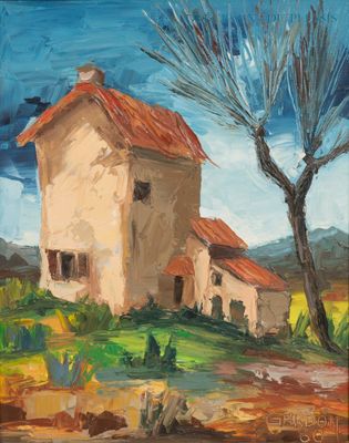 une peinture à l'huile représentant une maison sur une colline, avec un arbre au premier plan