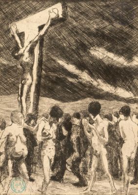 an image of a drawing of a group of people standing around a crucifix