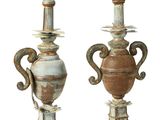 two vases that have birds on them on top of them