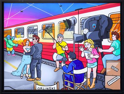 a picture of a painting of people on a train platform