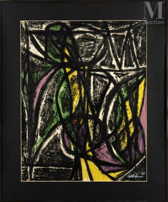 une peinture abstraite en noir et jaune sur fond blanc